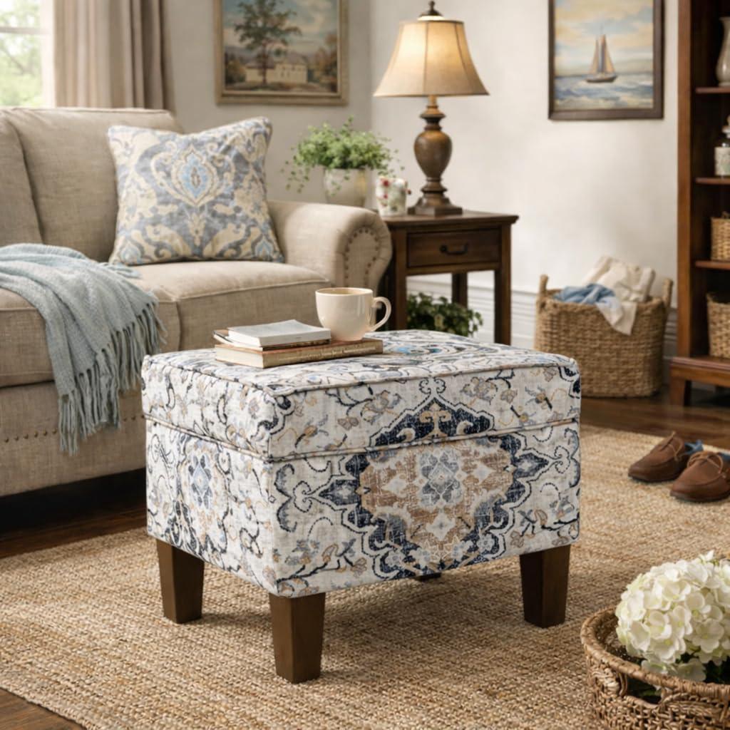 imageHomepop Home Decor Upholstered MediumRectangular Storage Ottoman Hinged Lid Ottoman with Storage for Living Room amp Bedroom Tan LinenAntiqued Ebony Cream