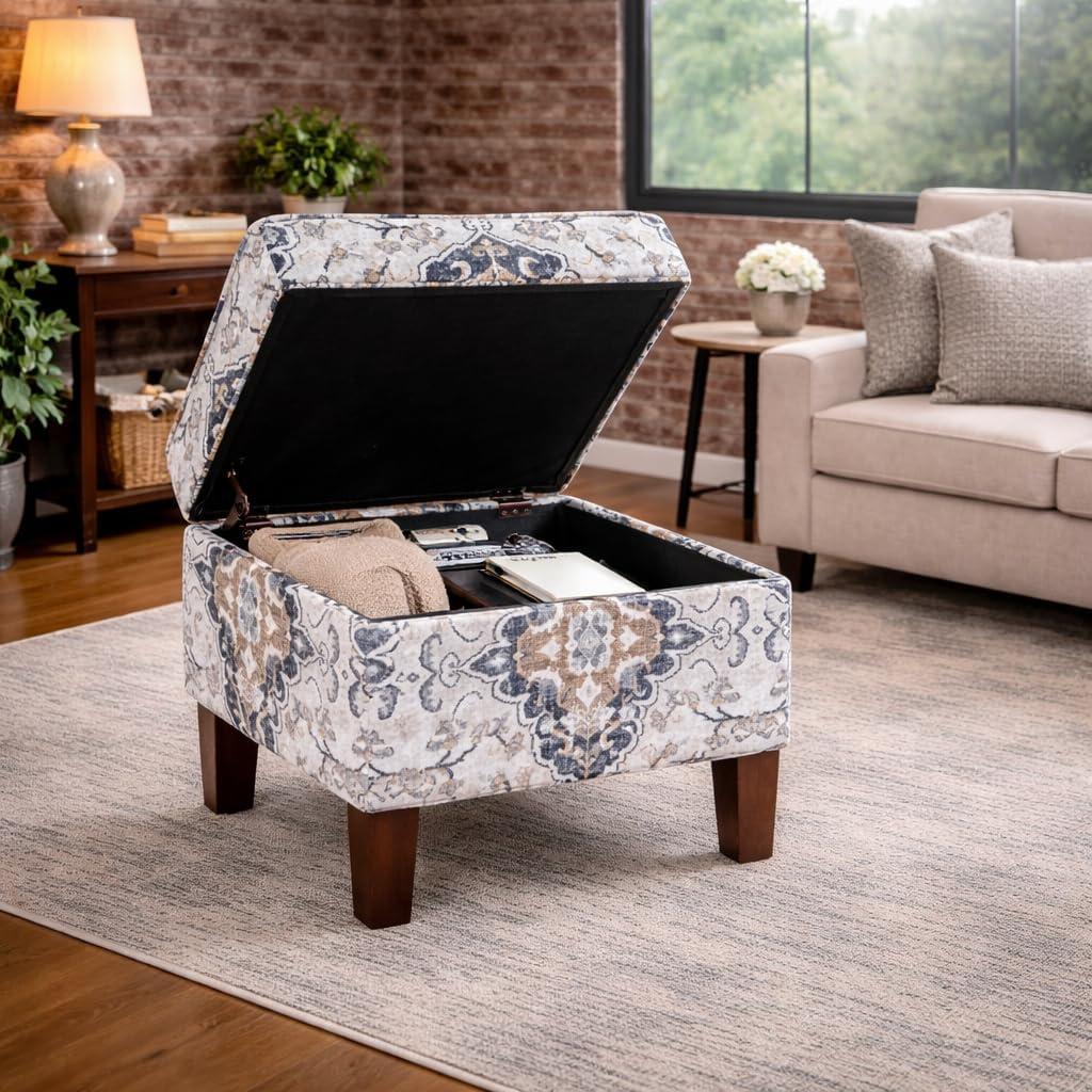 imageHomepop Home Decor Upholstered MediumRectangular Storage Ottoman Hinged Lid Ottoman with Storage for Living Room amp Bedroom Tan LinenAntiqued Ebony Cream