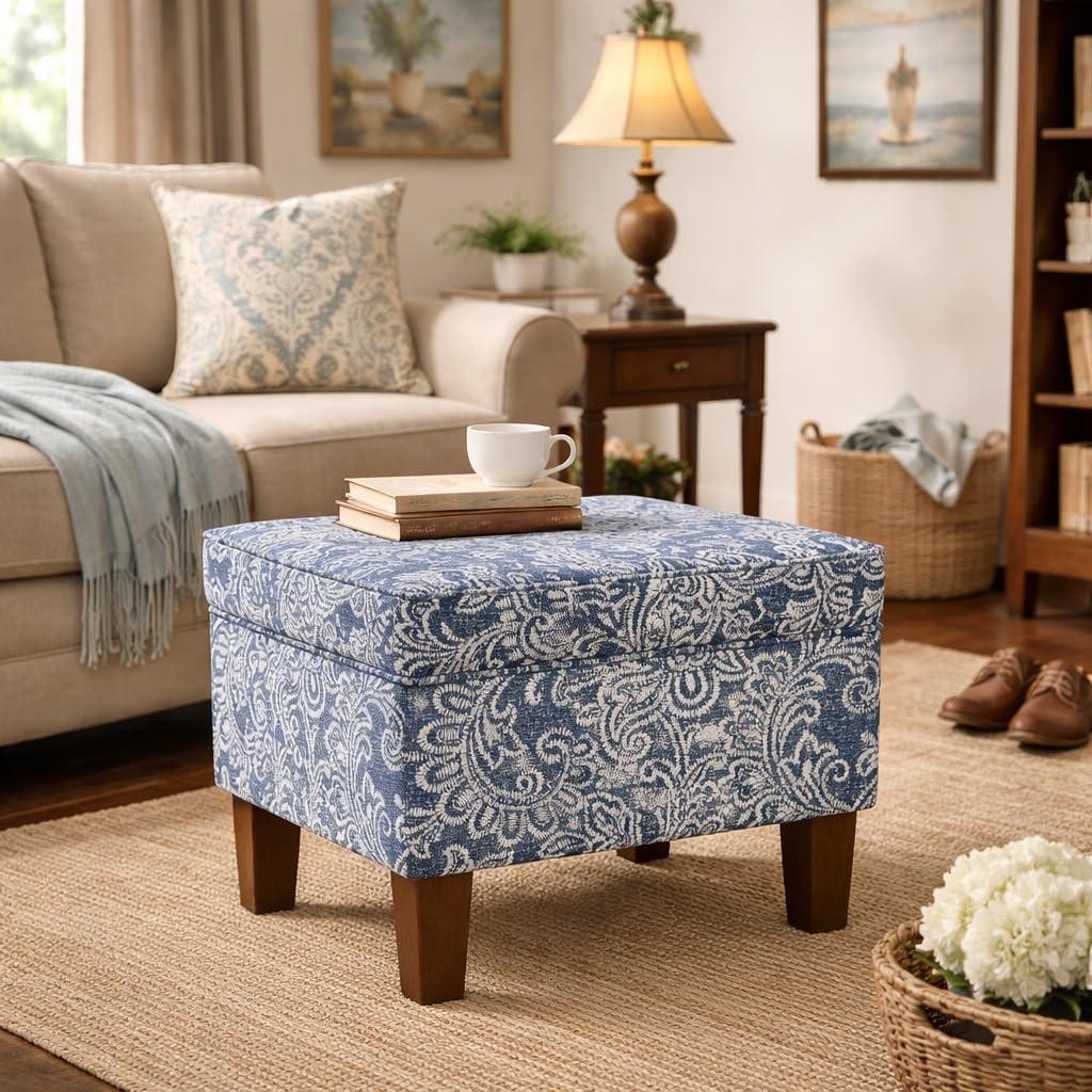 imageHomepop Home Decor Upholstered MediumRectangular Storage Ottoman Hinged Lid Ottoman with Storage for Living Room amp Bedroom Tan LinenBlue Denim Jacobean Print