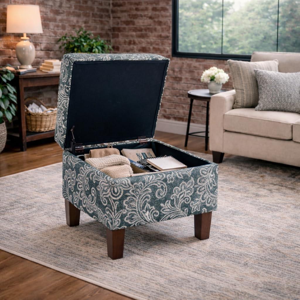 imageHomepop Home Decor Upholstered MediumRectangular Storage Ottoman Hinged Lid Ottoman with Storage for Living Room amp Bedroom Tan LinenBlue Denim Jacobean Print