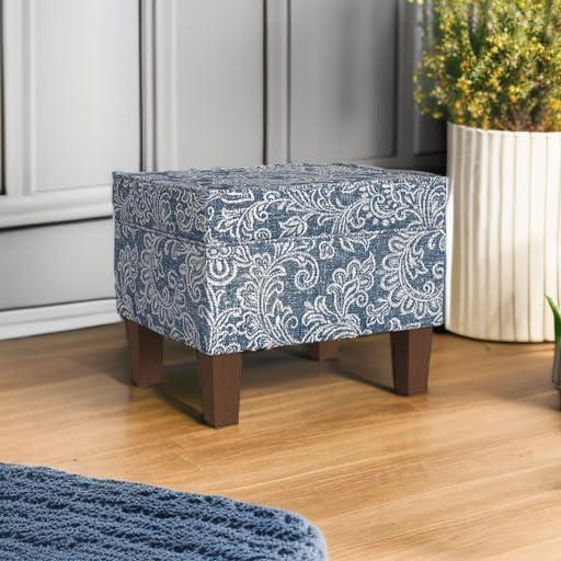 imageHomepop Home Decor Upholstered MediumRectangular Storage Ottoman Hinged Lid Ottoman with Storage for Living Room amp Bedroom Tan LinenBlue Denim Jacobean Print
