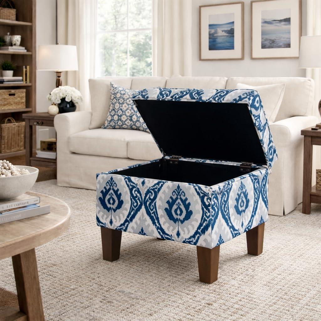 imageHomepop Home Decor Upholstered MediumRectangular Storage Ottoman Hinged Lid Ottoman with Storage for Living Room amp Bedroom Tan LinenBlue Ikat Medallion Print