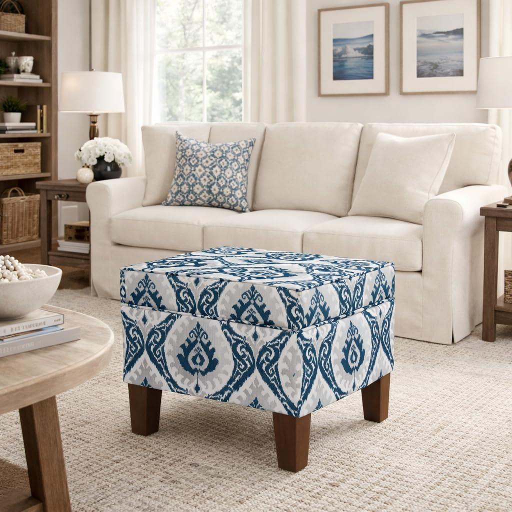 imageHomepop Home Decor Upholstered MediumRectangular Storage Ottoman Hinged Lid Ottoman with Storage for Living Room amp Bedroom Tan LinenBlue Ikat Medallion Print
