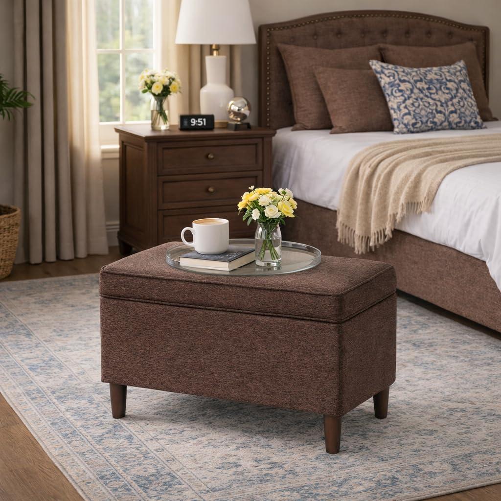 imageHomepop Home Decor Upholstered MediumRectangular Storage Ottoman Hinged Lid Ottoman with Storage for Living Room amp Bedroom Tan LinenBrown