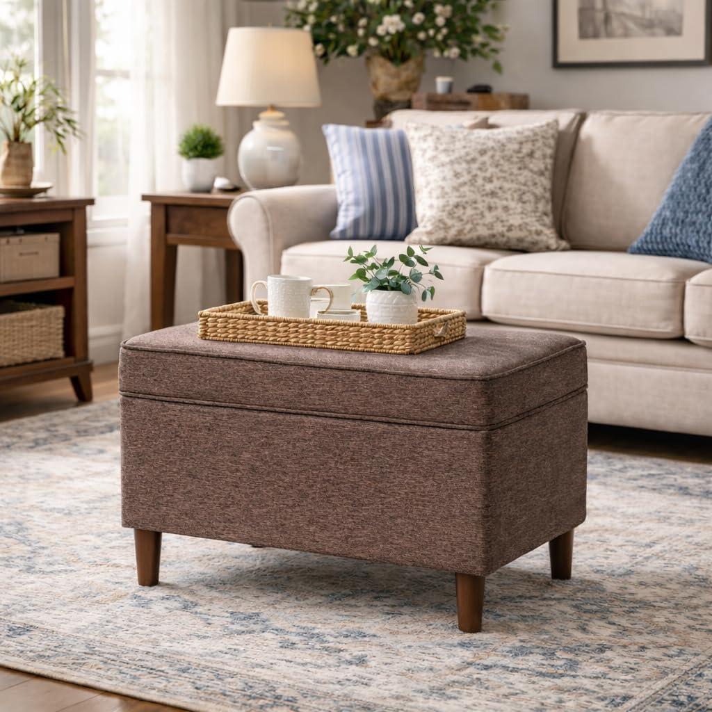 imageHomepop Home Decor Upholstered MediumRectangular Storage Ottoman Hinged Lid Ottoman with Storage for Living Room amp Bedroom Tan LinenBrown