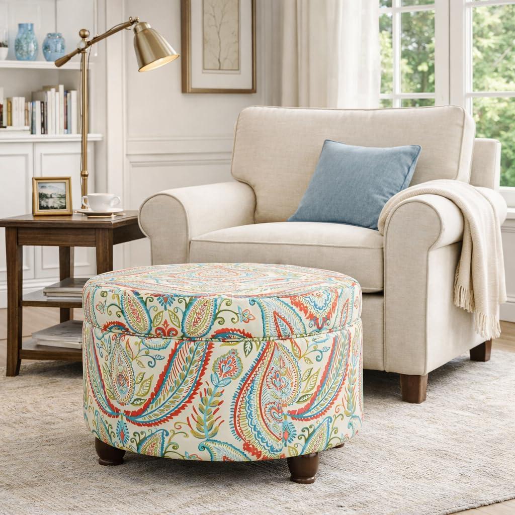 imageHomepop Home Decor Upholstered Round Storage Ottoman Ottoman with Storage for Living Room amp Bedroom Brown Medallion LargeDark Bold Paisley