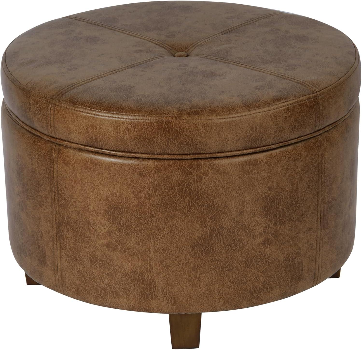 imageHomepop Home Decor Upholstered Round Storage Ottoman Ottoman with Storage for Living Room amp Bedroom Brown Medallion LargeDistressed Brown Faux Leather