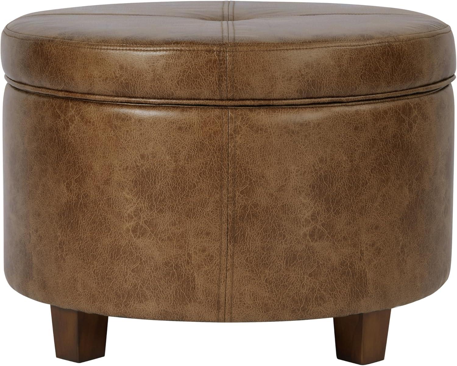 imageHomepop Home Decor Upholstered Round Storage Ottoman Ottoman with Storage for Living Room amp Bedroom Brown Medallion LargeDistressed Brown Faux Leather