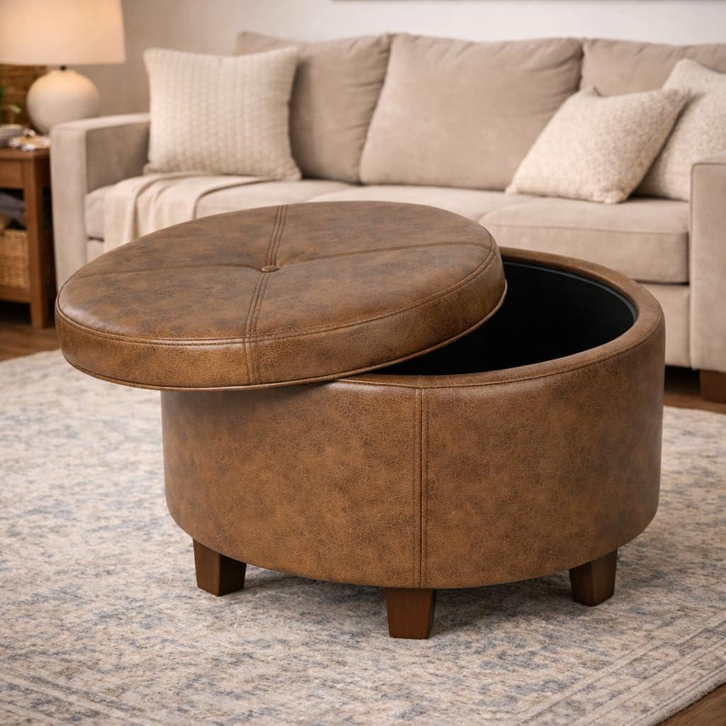 imageHomepop Home Decor Upholstered Round Storage Ottoman Ottoman with Storage for Living Room amp Bedroom Brown Medallion LargeDistressed Brown Faux Leather