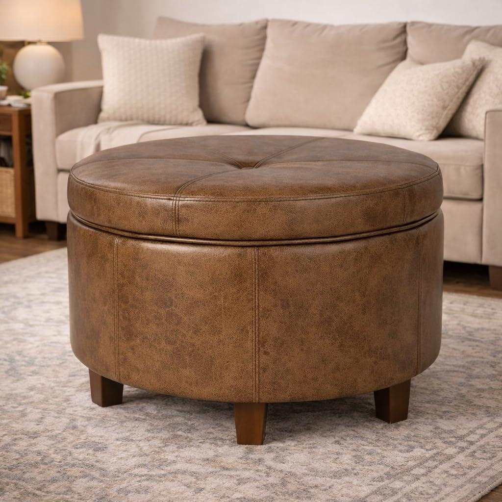 imageHomepop Home Decor Upholstered Round Storage Ottoman Ottoman with Storage for Living Room amp Bedroom Brown Medallion LargeDistressed Brown Faux Leather