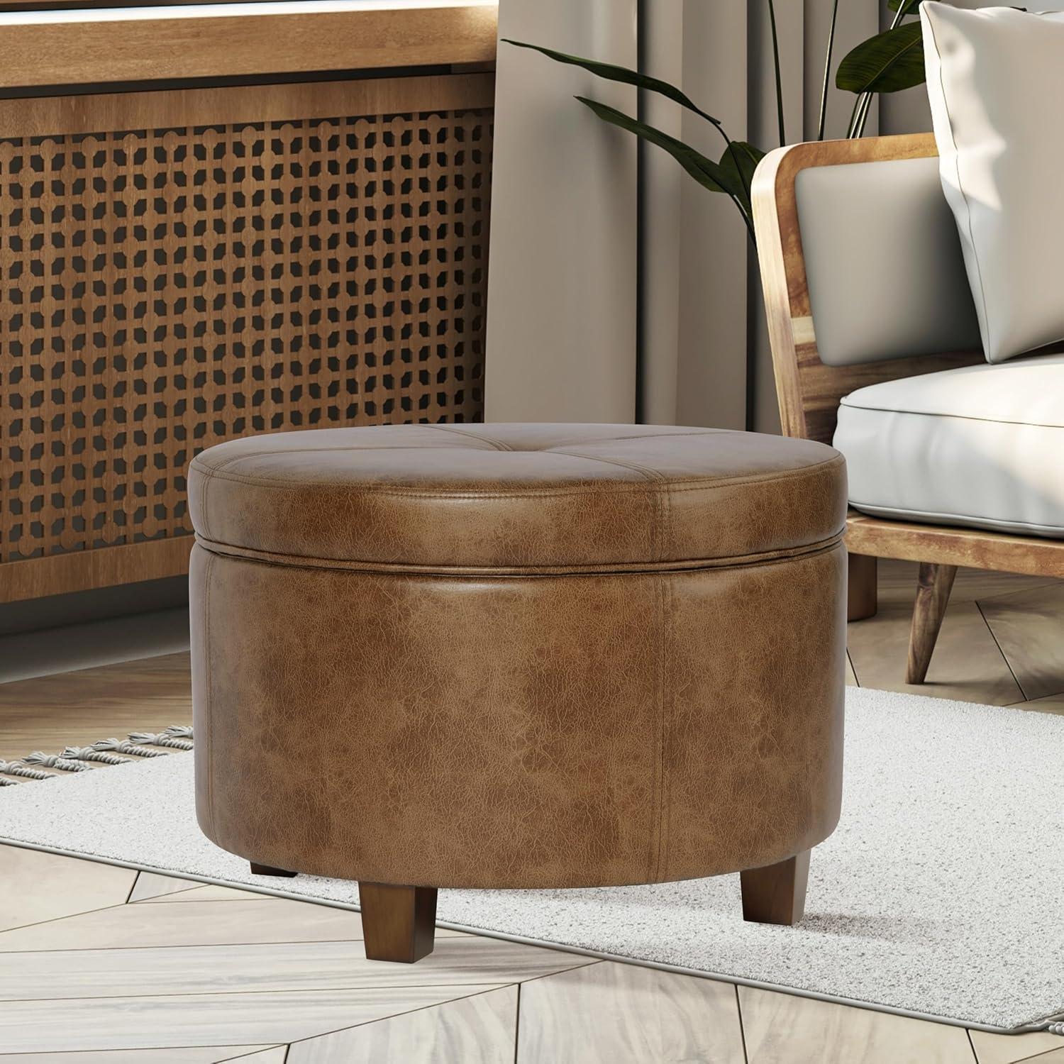 imageHomepop Home Decor Upholstered Round Storage Ottoman Ottoman with Storage for Living Room amp Bedroom Brown Medallion LargeDistressed Brown Faux Leather
