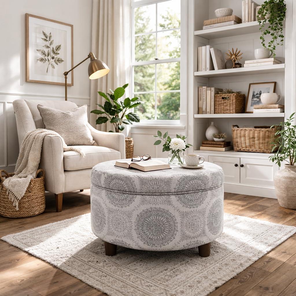 imageHomepop Home Decor Upholstered Round Storage Ottoman Ottoman with Storage for Living Room amp Bedroom Brown Medallion LargeLight Grey Medallion