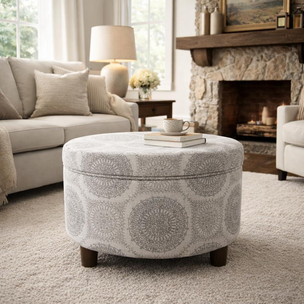 imageHomepop Home Decor Upholstered Round Storage Ottoman Ottoman with Storage for Living Room amp Bedroom Brown Medallion LargeLight Grey Medallion