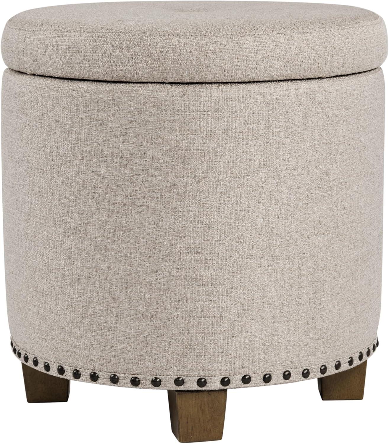 imageHomepop Home Decor Upholstered Round Storage Ottoman Ottoman with Storage for Living Room amp Bedroom with Flared Legs Navy Blue Geometric Pattern LargeLight Brown Fabric