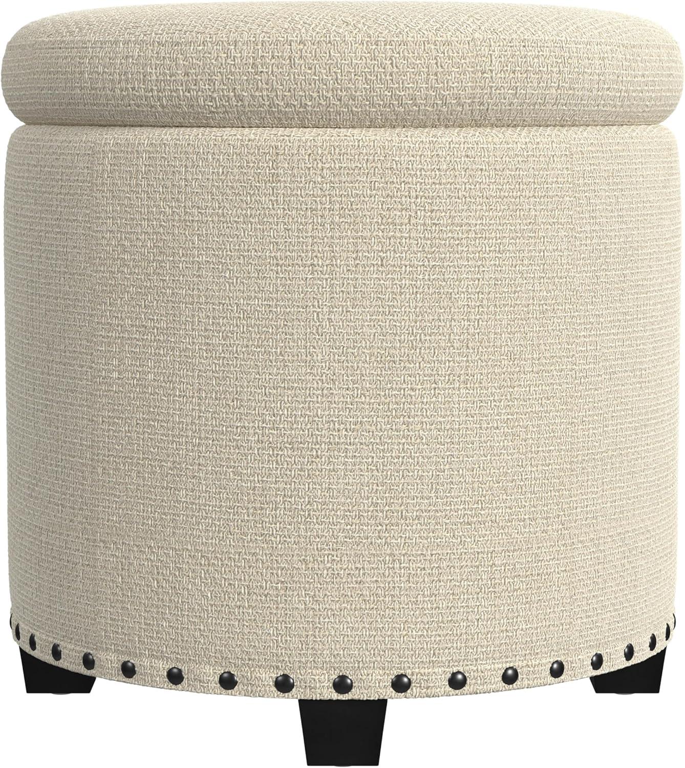 imageHomepop Home Decor Upholstered Round Storage Ottoman Ottoman with Storage for Living Room amp Bedroom with Flared Legs Navy Blue Geometric Pattern LargeOatmeal Linen