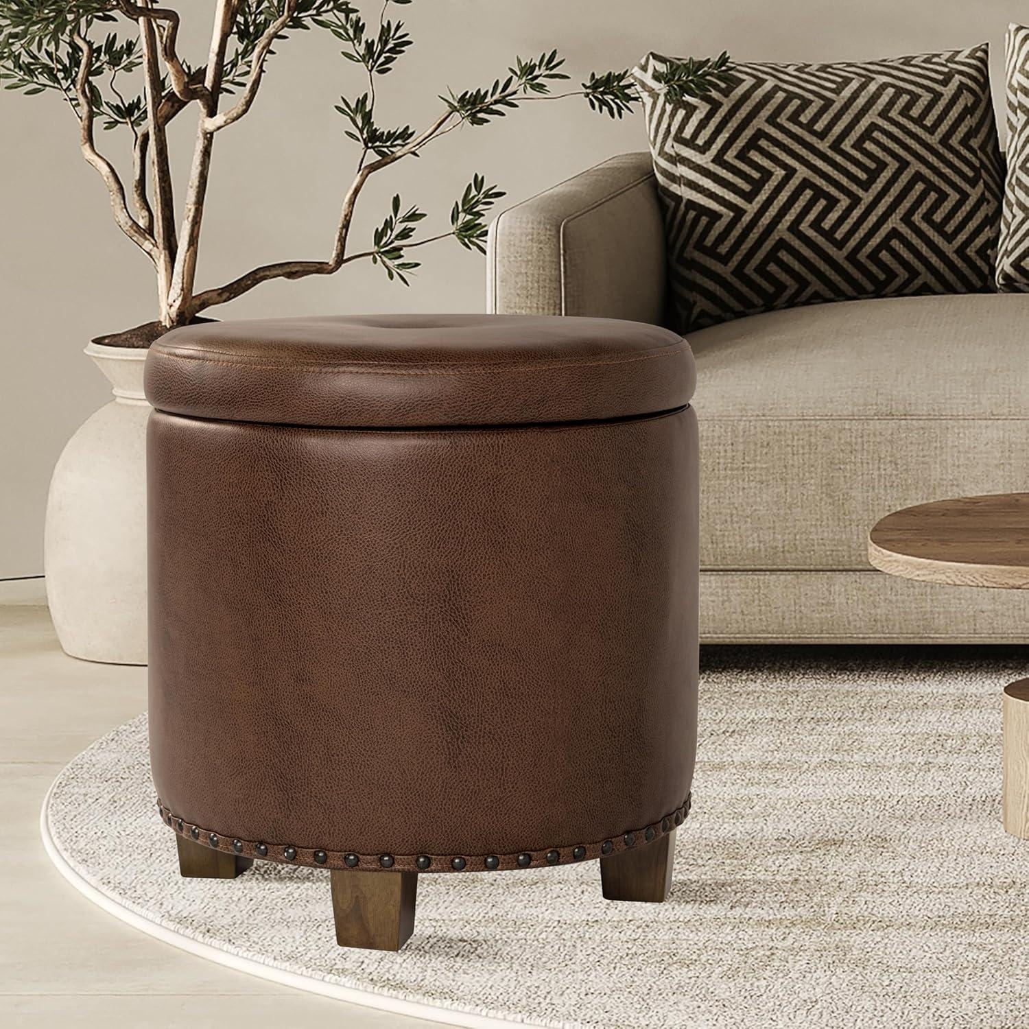 imageHomepop Home Decor Upholstered Round Storage Ottoman Ottoman with Storage for Living Room amp Bedroom with Flared Legs Navy Blue Geometric Pattern LargeBrown Faux Leather