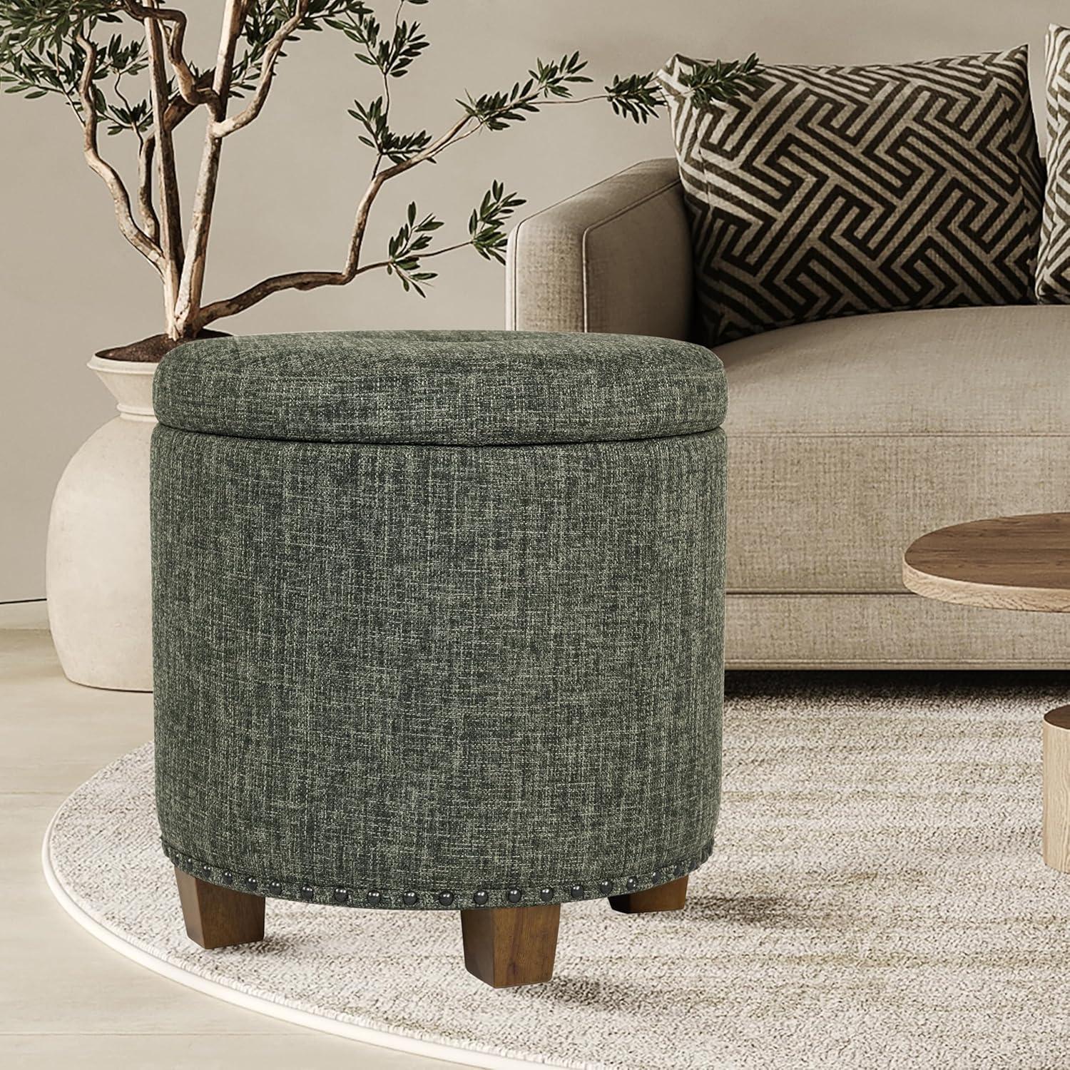imageHomepop Home Decor Upholstered Round Storage Ottoman Ottoman with Storage for Living Room amp Bedroom with Flared Legs Navy Blue Geometric Pattern LargeGreen Clover Fabric
