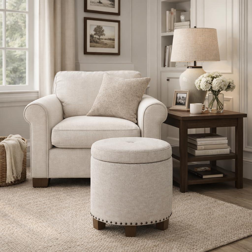 imageHomepop Home Decor Upholstered Round Storage Ottoman Ottoman with Storage for Living Room amp Bedroom with Flared Legs Navy Blue Geometric Pattern LargeLight Brown Fabric