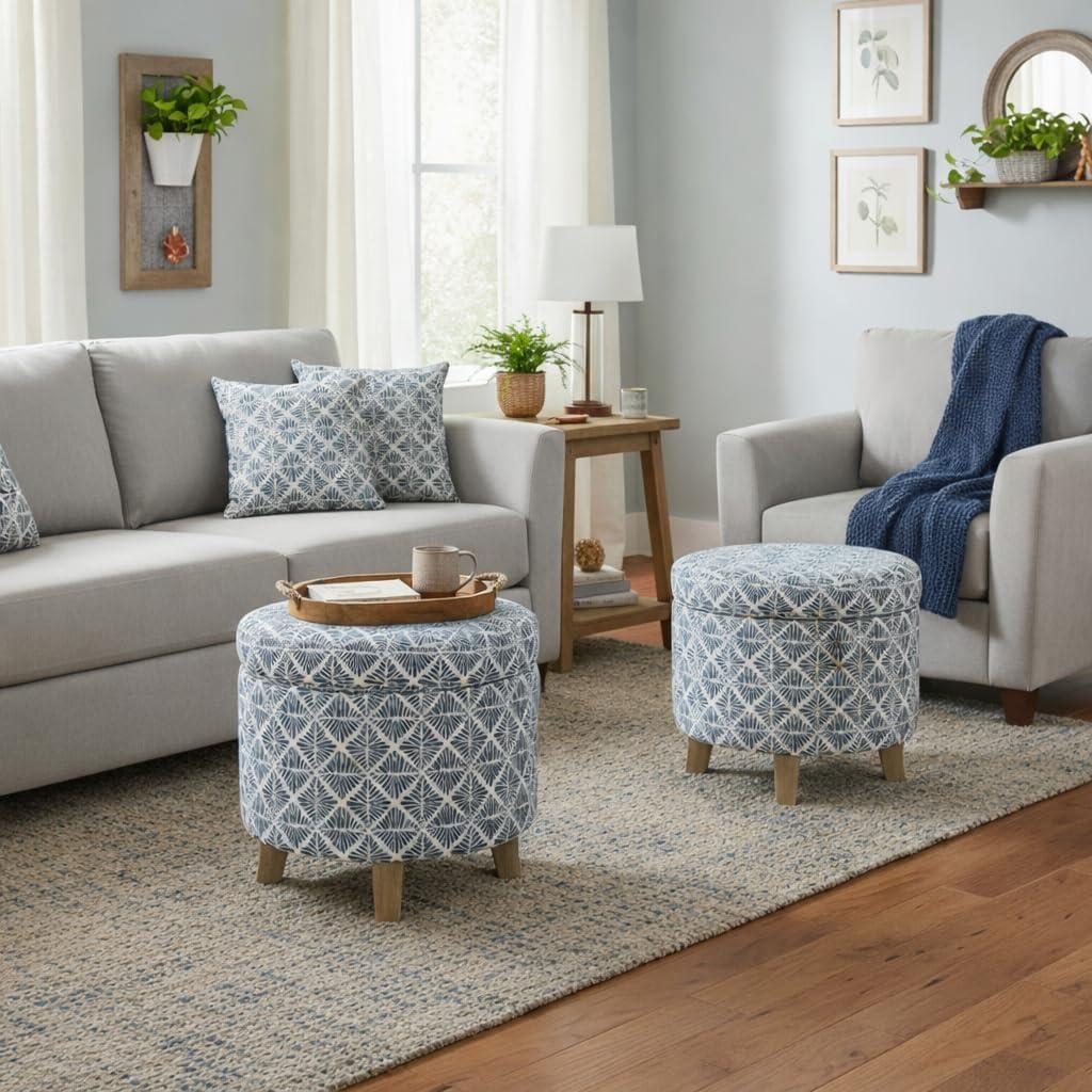 imageHomepop Home Decor Upholstered Round Storage Ottoman with Nailheads Ottoman with Storage for Living Room amp Bedroom Cream WovenBlue