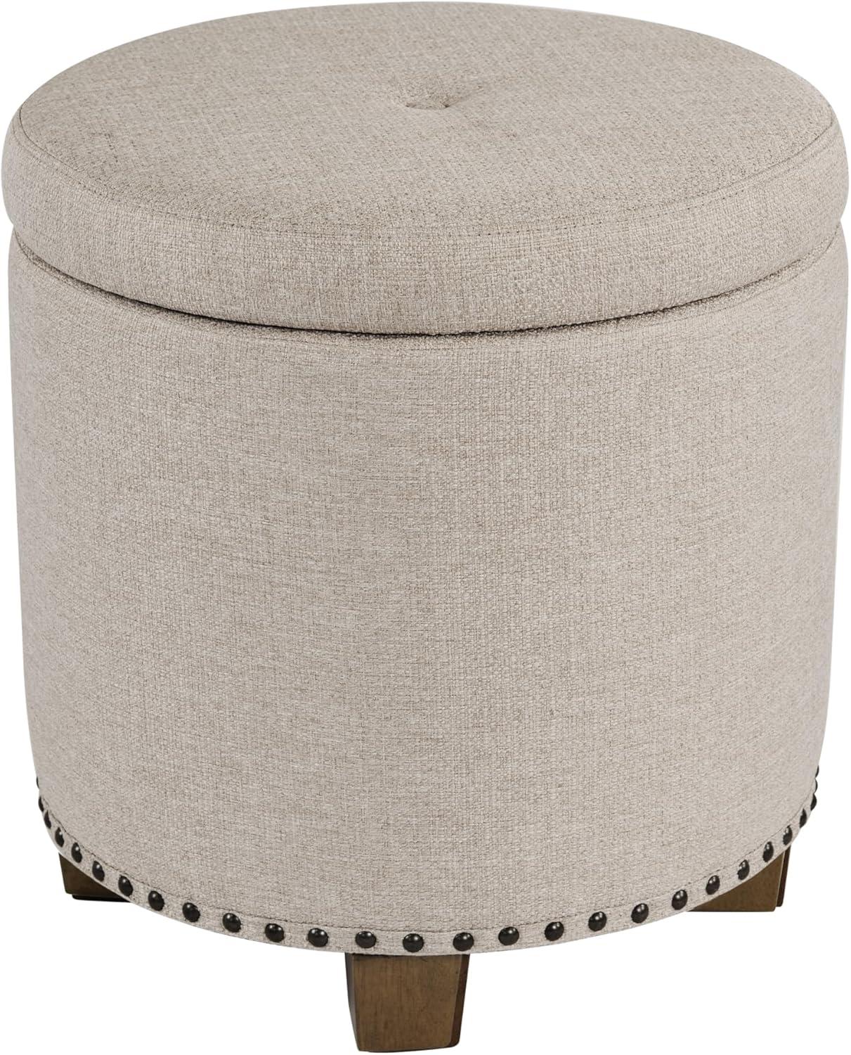 imageHomepop Home Decor Upholstered Round Storage Ottoman with Nailheads Ottoman with Storage for Living Room amp Bedroom Cream WovenLight Brown Fabric