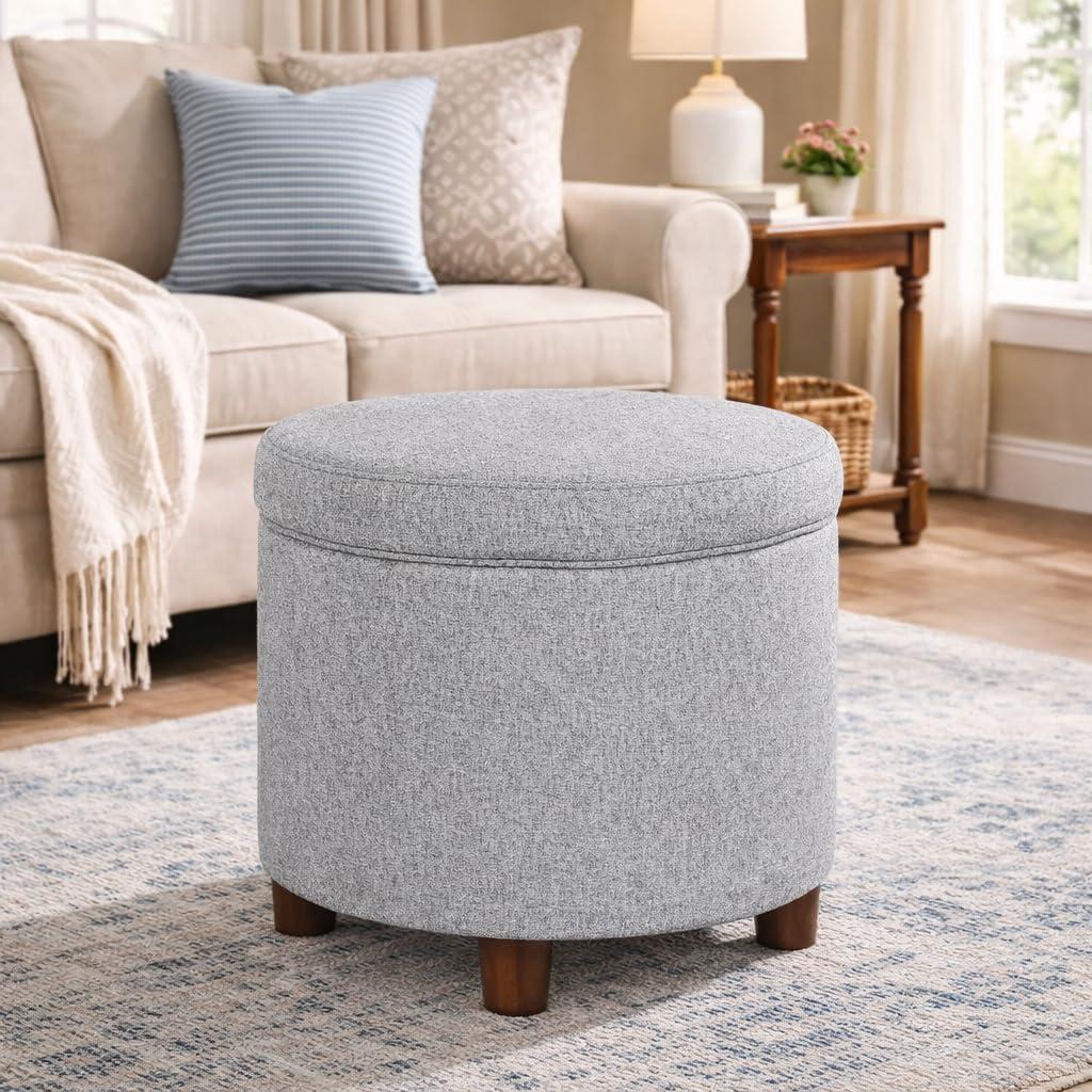 imageHomepop Home Decor Upholstered Round Storage Ottoman with Nailheads Ottoman with Storage for Living Room amp Bedroom Cream WovenLight Gray