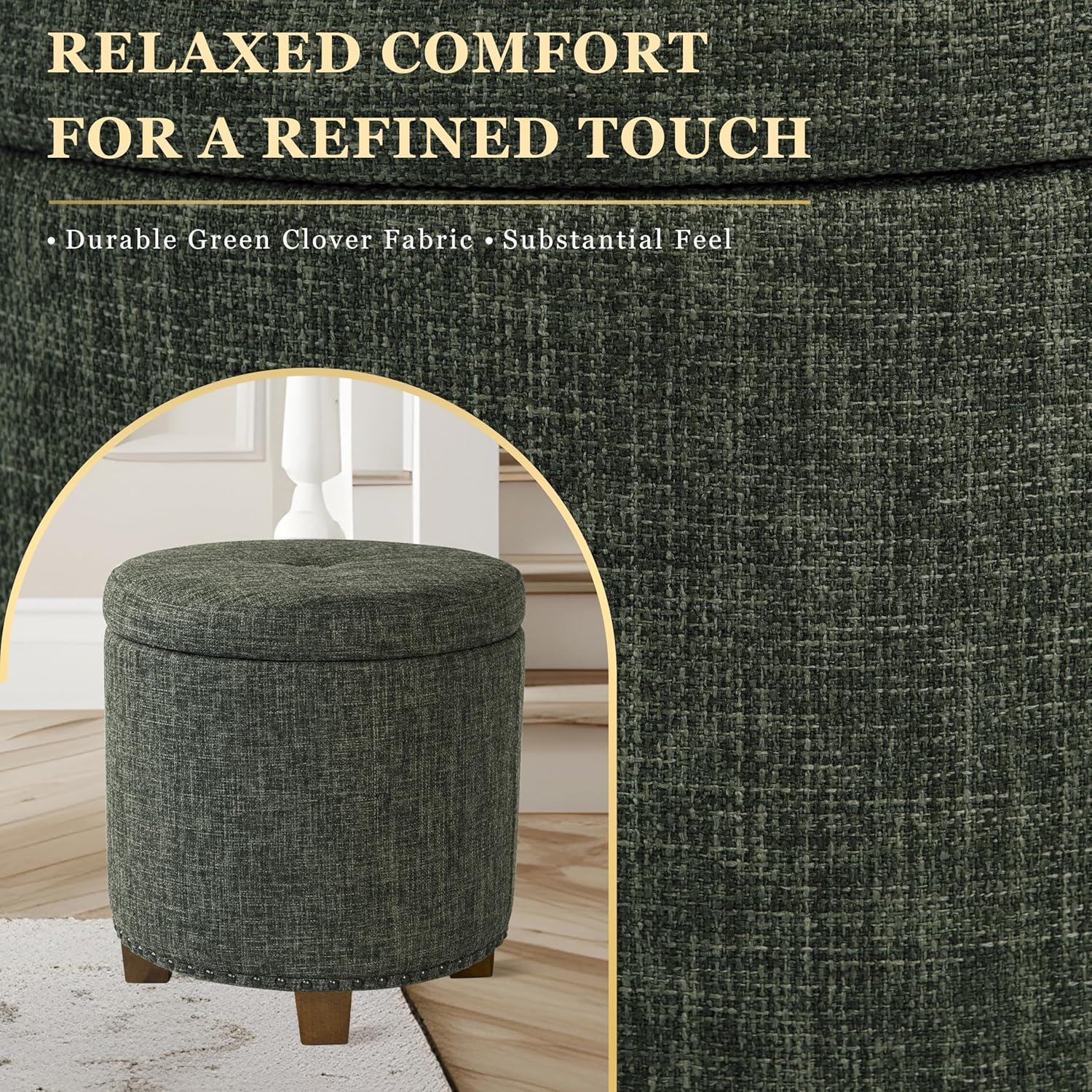 imageHomepop Home Decor Upholstered Round Storage Ottoman with Nailheads Ottoman with Storage for Living Room amp Bedroom Grey WovenGreen Clover Fabric