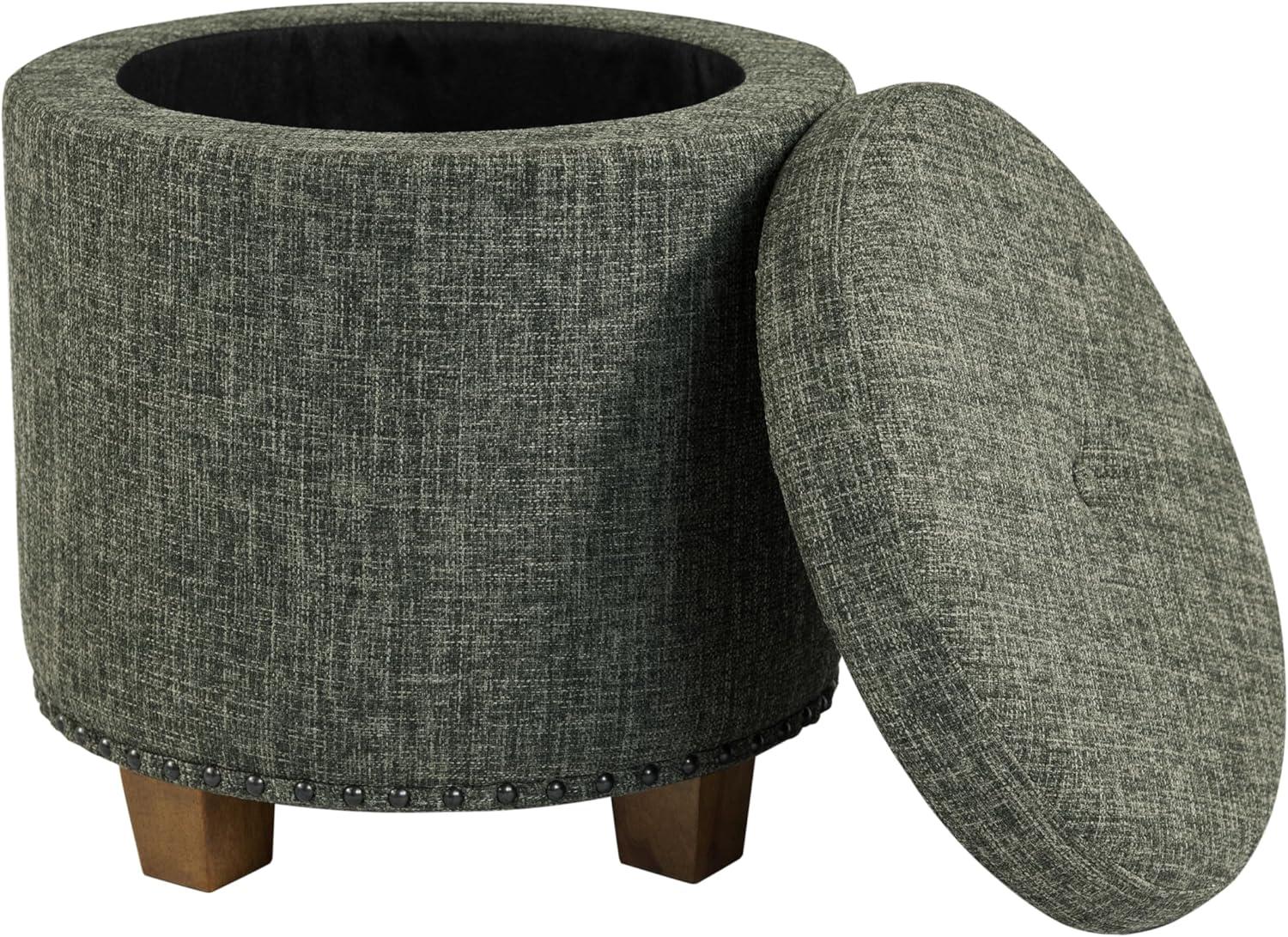 imageHomepop Home Decor Upholstered Round Storage Ottoman with Nailheads Ottoman with Storage for Living Room amp Bedroom Grey WovenGreen Clover Fabric