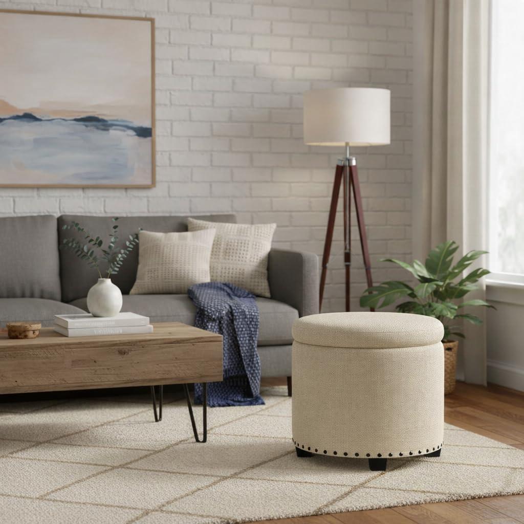 imageHomepop Home Decor Upholstered Round Storage Ottoman with Nailheads Ottoman with Storage for Living Room amp Bedroom Grey WovenOatmeal Linen
