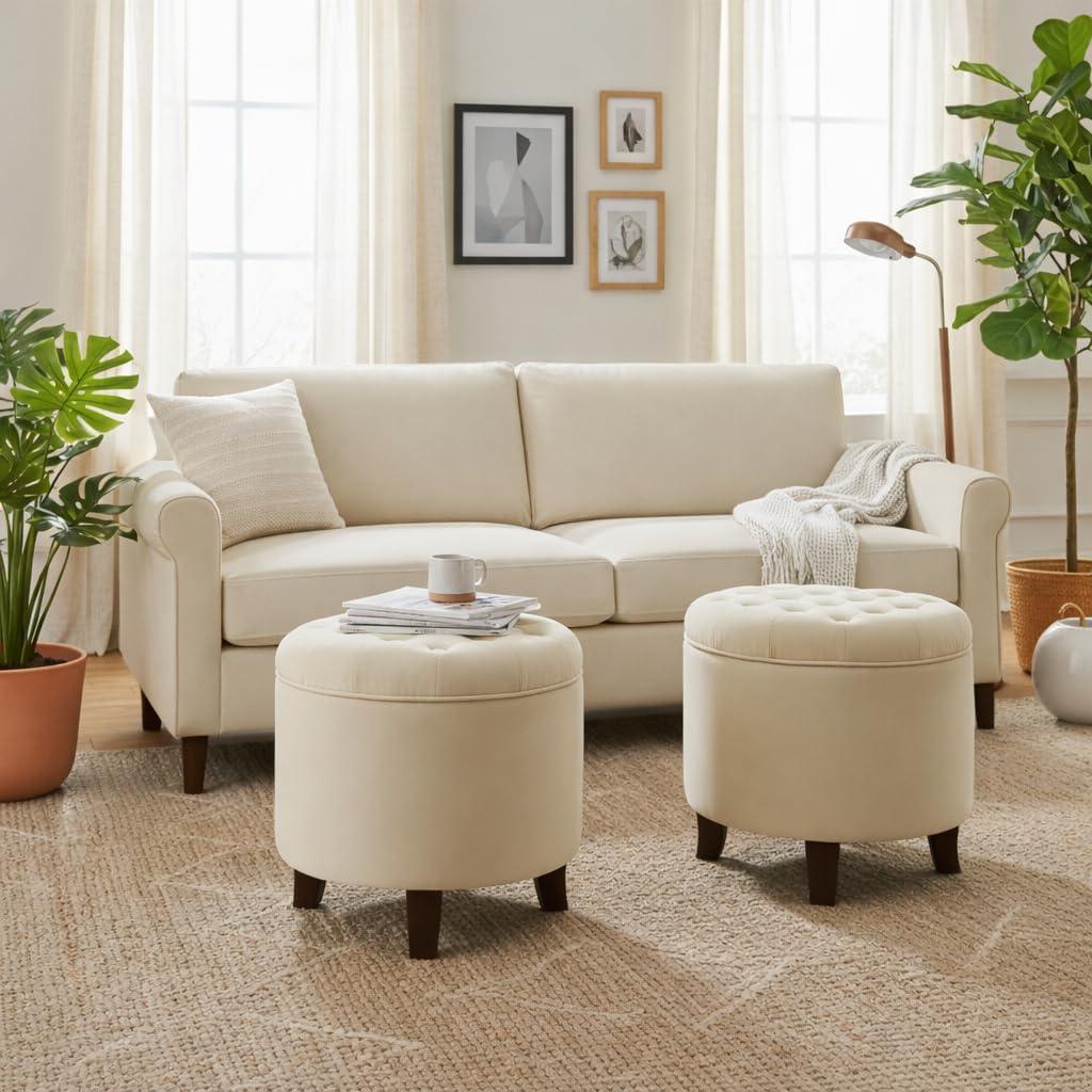 imageHomepop Home Decor Upholstered Round Velvet Tufted Foot Rest Ottoman Ottoman with Storage for Living Room amp Bedroom Decorative Home Furniture Burgundy SmallCream