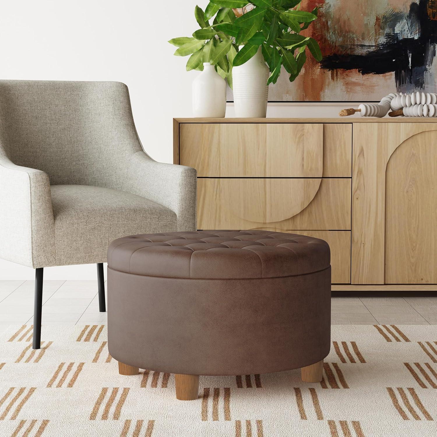 imageHomepop Home Decor N8264F1044 Large Button Tufted Woven Round Storage Ottoman Ottoman with Storage for Living Room amp Bedroom Traditional PaisleyBrown Faux Leather