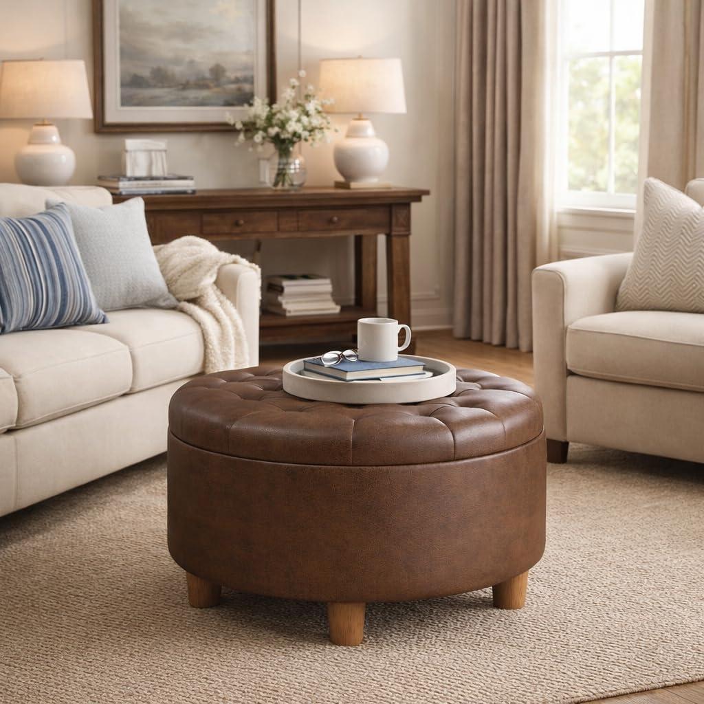 imageHomepop Home Decor N8264F1044 Large Button Tufted Woven Round Storage Ottoman Ottoman with Storage for Living Room amp Bedroom Traditional PaisleyBrown Faux Leather