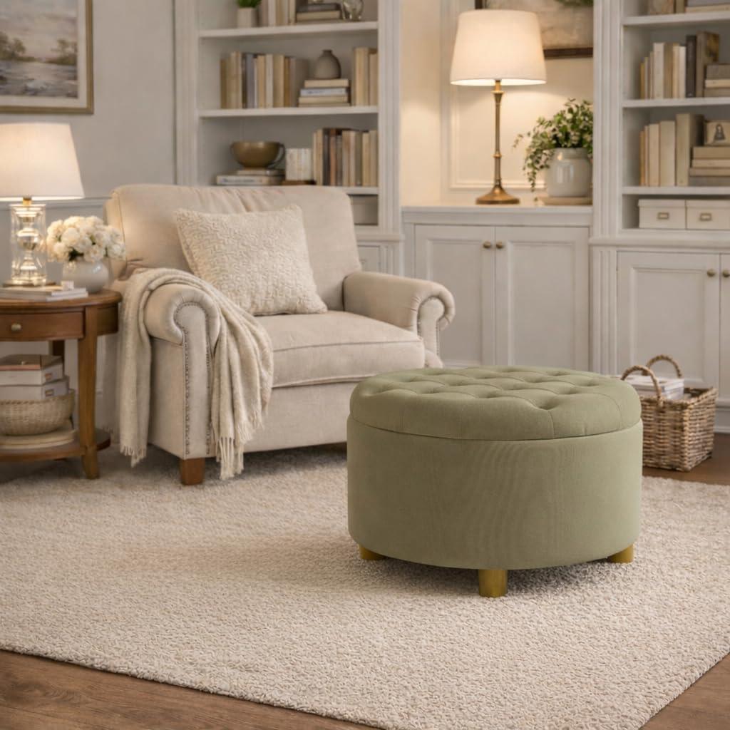 imageHomepop Home Decor N8264F1044 Large Button Tufted Woven Round Storage Ottoman Ottoman with Storage for Living Room amp Bedroom Traditional PaisleyLight Sage Green Velvet