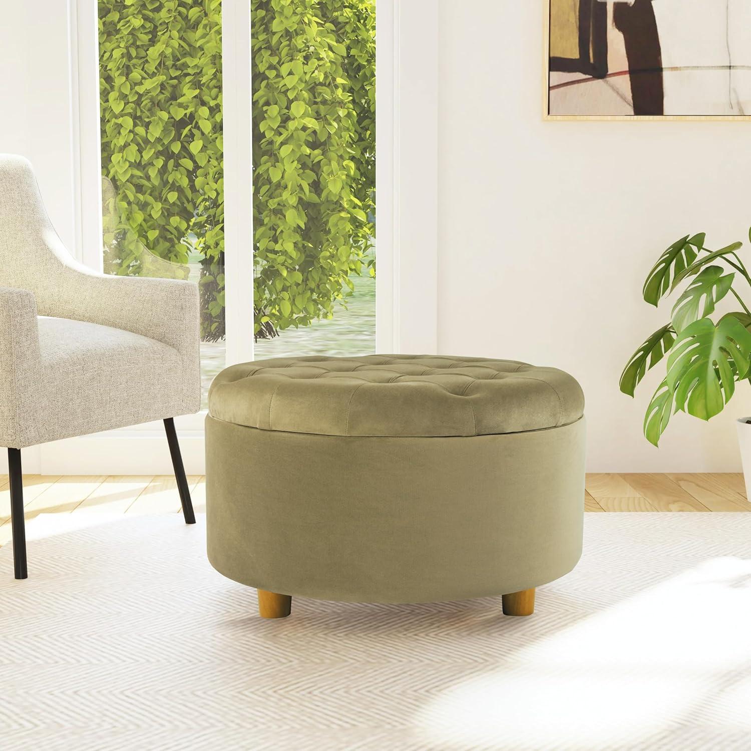 imageHomepop Home Decor N8264F1044 Large Button Tufted Woven Round Storage Ottoman Ottoman with Storage for Living Room amp Bedroom Traditional PaisleyLight Sage Green Velvet