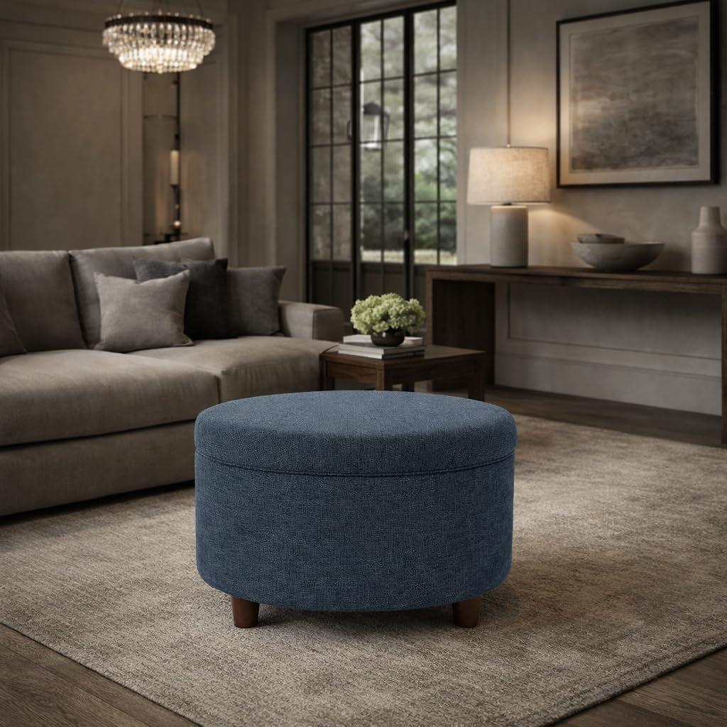 imageHomepop Home Decor N8264F1044 Large Button Tufted Woven Round Storage Ottoman Ottoman with Storage for Living Room amp Bedroom Traditional PaisleyTextured Navy
