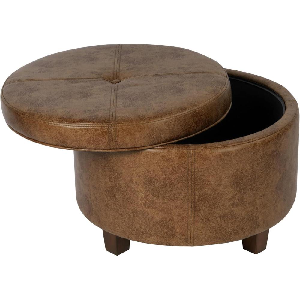 imageHomepop Home Decor Upholstered Round Storage Ottoman Ottoman with Storage for Living Room amp Bedroom Brown Medallion LargeDistressed Brown Faux Leather