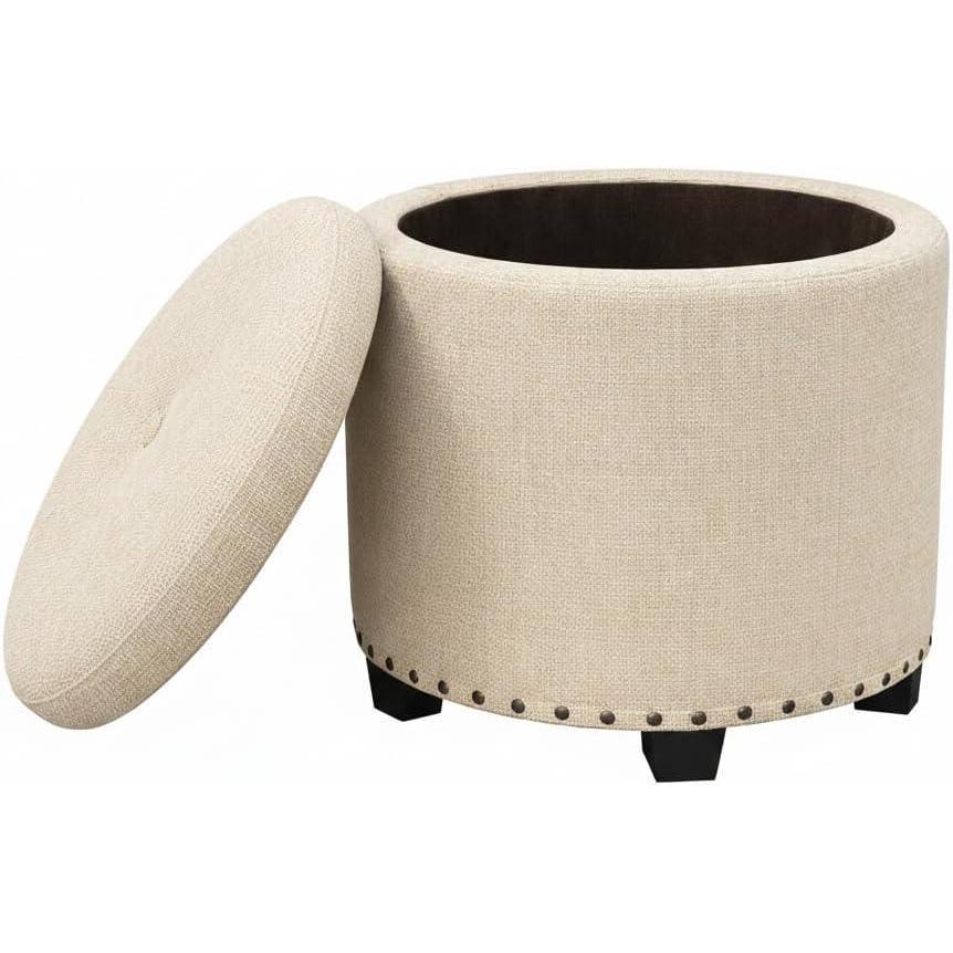 imageHomepop Home Decor Upholstered Round Storage Ottoman Ottoman with Storage for Living Room amp Bedroom with Flared Legs Navy Blue Geometric Pattern LargeOatmeal Linen