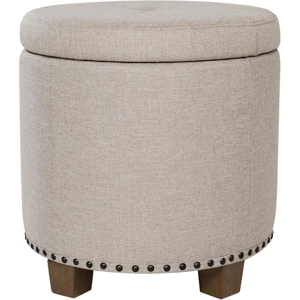 imageHomepop Home Decor Upholstered Round Storage Ottoman Ottoman with Storage for Living Room amp Bedroom with Flared Legs Navy Blue Geometric Pattern LargeLight Brown Fabric