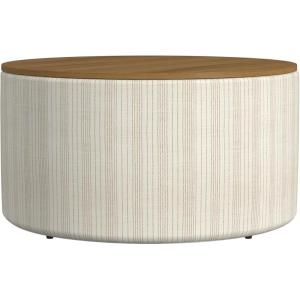 HomePop Channel Storage Ottoman with Wood Top – Brown Boucle(Marigold Pinstripe Cream Fabric)