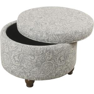 Homepop Home Decor | Upholstered Round Storage Ottoman | Ottoman with Storage for Living Room & Bedroom, Brown Medallion, Large(Light Gray Floral)