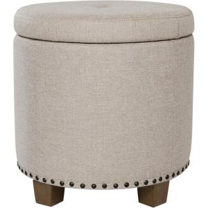 Homepop Home Decor | Upholstered Round Storage Ottoman | Ottoman with Storage for Living Room & Bedroom with Flared Legs, Navy Blue Geometric Pattern Large(Light Brown Fabric)