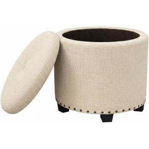 Homepop Home Decor | Upholstered Round Storage Ottoman with Nailheads| Ottoman with Storage for Living Room & Bedroom, Cream Woven(Oatmeal Linen)