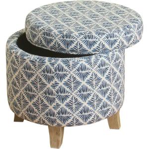 Homepop Home Decor | Upholstered Round Storage Ottoman with Nailheads| Ottoman with Storage for Living Room & Bedroom, Cream Woven(Sea Salt Blue)