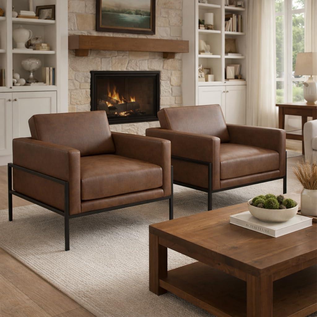 imageHomePop Modern Metal Frame Accent ChairHomepop Home DcorAccent Chairs for Living Room amp Bedroom Pewter Gray Faux LeatherBrown Faux Leather