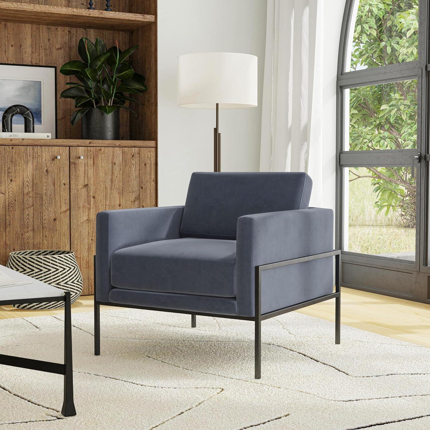 imageHomePop Modern Metal Frame Accent ChairHomepop Home DcorAccent Chairs for Living Room amp Bedroom Pewter Gray Faux LeatherSteel Blue Velvet