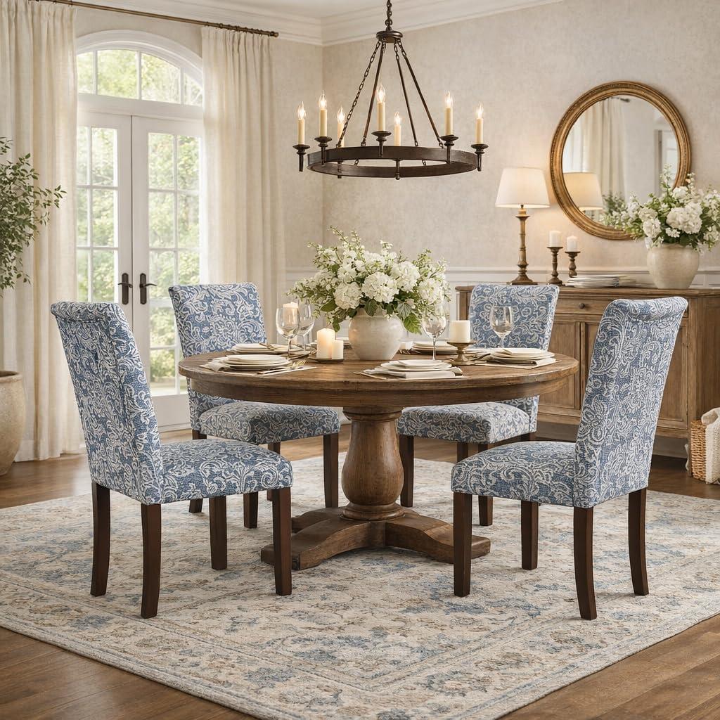 imageHomePop Parsons Upholstered Accent Dining Chair Set of 2 Black Faux LeatherDenim Jacobean Print
