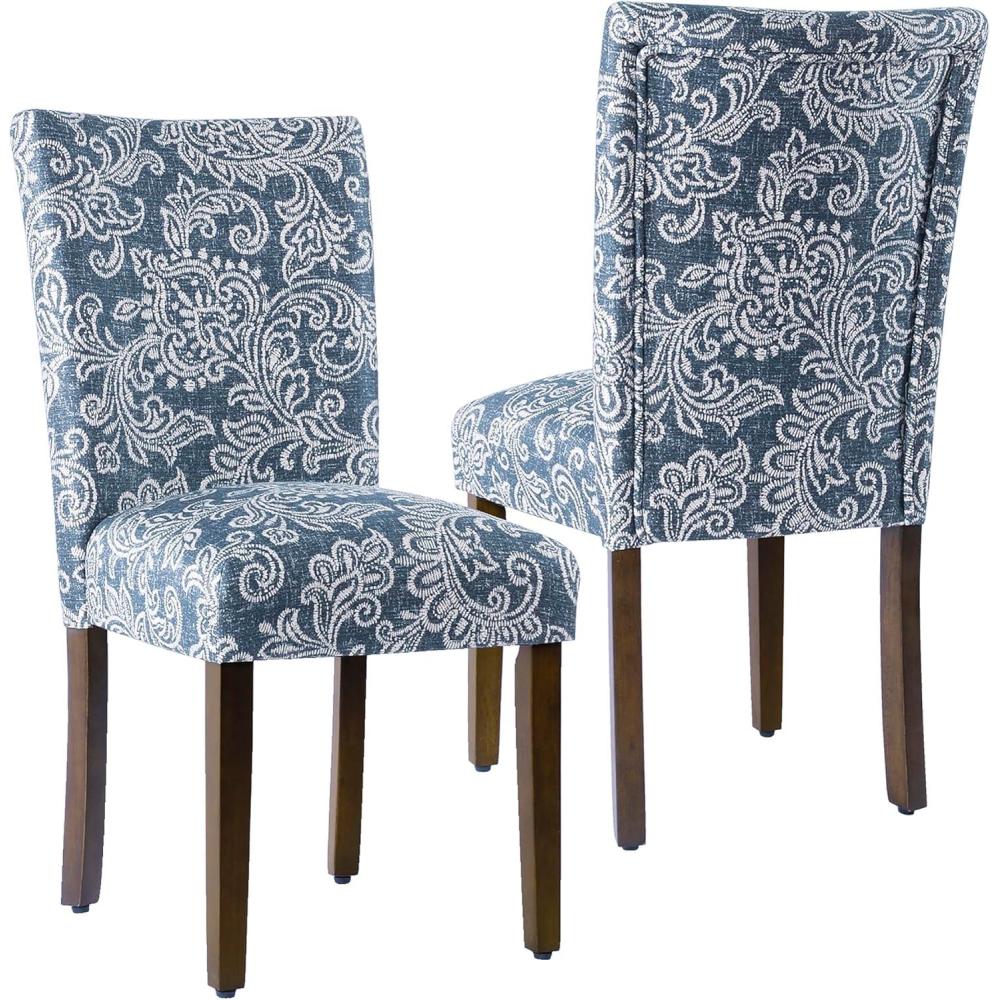 imageHomePop Parsons Upholstered Accent Dining Chair Set of 2 Black Faux LeatherDenim Jacobean Print