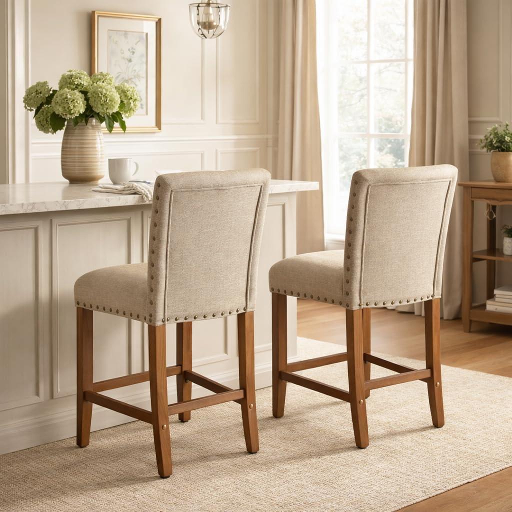 imageHomePop Upholstered Counter Height Barstool 24Inch Tan and Gray LatticeNatural Linen