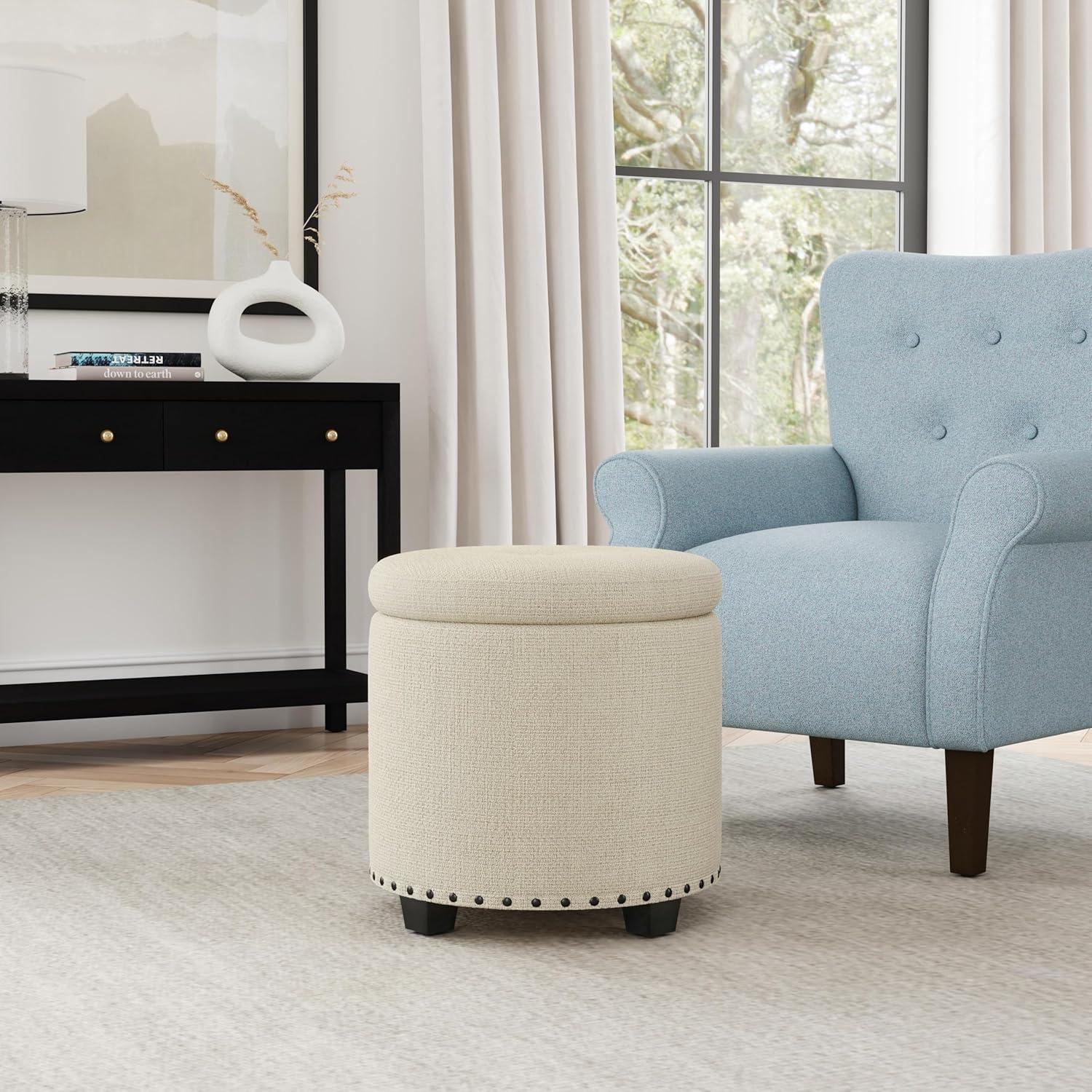 imageHomepop Home Decor Upholstered Round Storage Ottoman Ottoman with Storage for Living Room amp Bedroom Cream Chevron WovenCream Woven