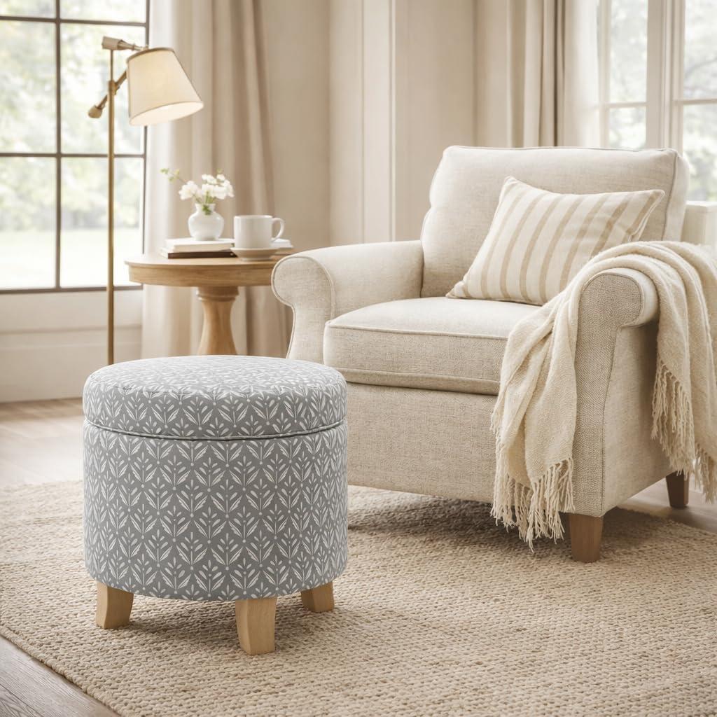 imageHomepop Home Decor Upholstered Round Storage Ottoman Ottoman with Storage for Living Room amp Bedroom Cream Chevron WovenLight Grey Print