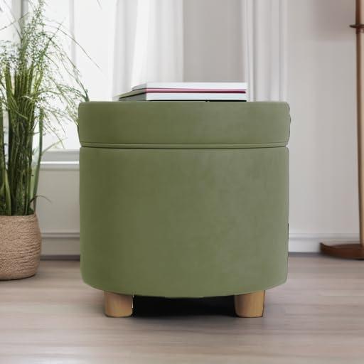imageHomepop Home Decor Upholstered Round Storage Ottoman Ottoman with Storage for Living Room amp Bedroom Cream Chevron WovenLight Sage Green